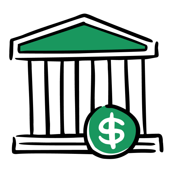 An illustrated simplified structure with columns and a dollar sign within a circle, to illustrate financial aid options for homeschool students.