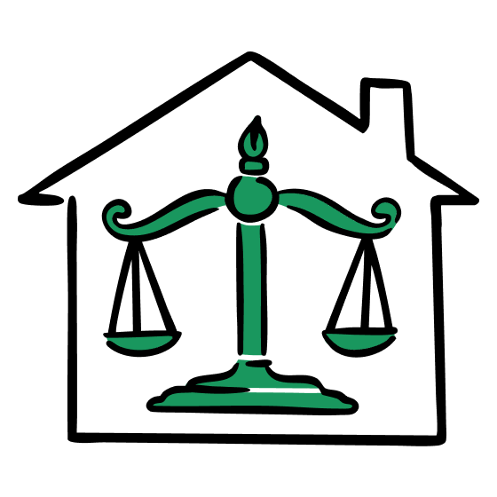 An illustration of judiciary scales within a simple house outline to illustrate homeschooling laws.