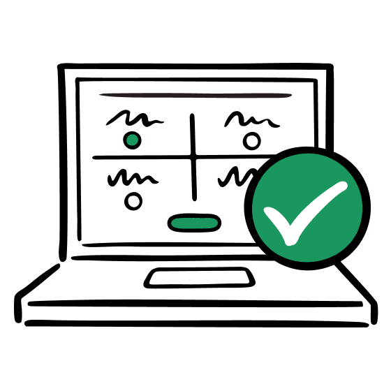An illustration of a laptop with a circle and check mark, and a multiple choice question layout with one answer selected on screen to illustrate online standardized tests.