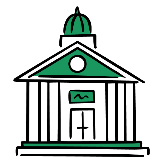 Illustration of a college like building with columns and a small dome on roof.