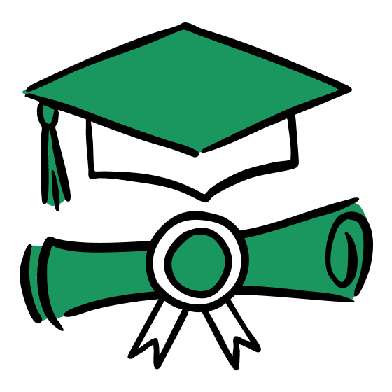 An illustrated graduation cap above a rolled up diploma with a seal.